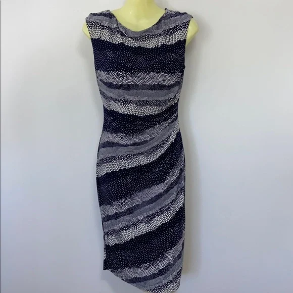 Ralph Lauren Dress Ruched Black Grey White Dot MIDI NWOT 6 - Picture 3 of 7